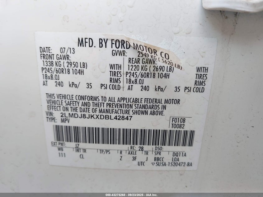 2013 LINCOLN MKX 2LMDJ8JKXDBL42847