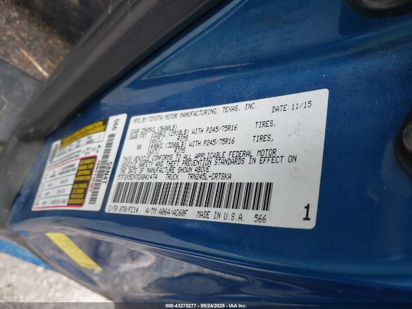 2016 Toyota Tacoma Sr5 VIN: 5TFSX5EN7GX041474 Lot: 43275277