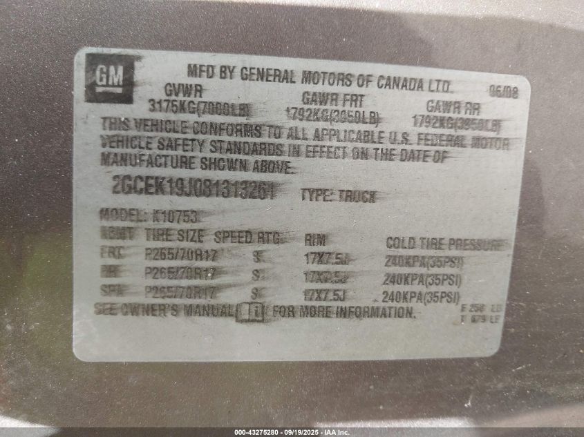 2008 Chevrolet Silverado 1500 Lt1 VIN: 2GCEK19J081313261 Lot: 43275280