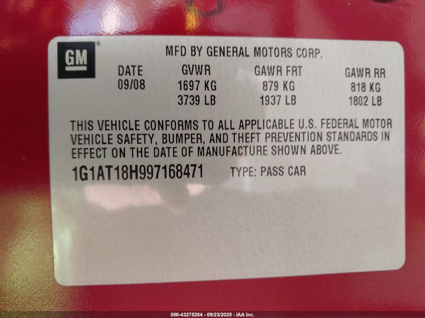 2009 Chevrolet Cobalt Lt VIN: 1G1AT18H997168471 Lot: 43275284