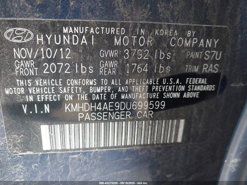 2013 Hyundai Elantra Limited VIN: KMHDH4AE9DU699599 Lot: 43275285