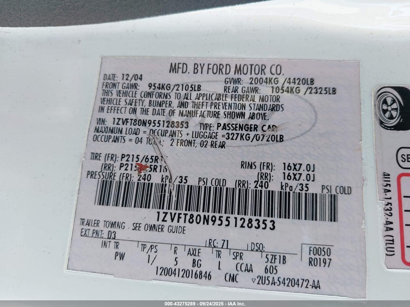 2005 Ford Mustang V6 Deluxe/V6 Premium VIN: 1ZVFT80N955128353 Lot: 43275289