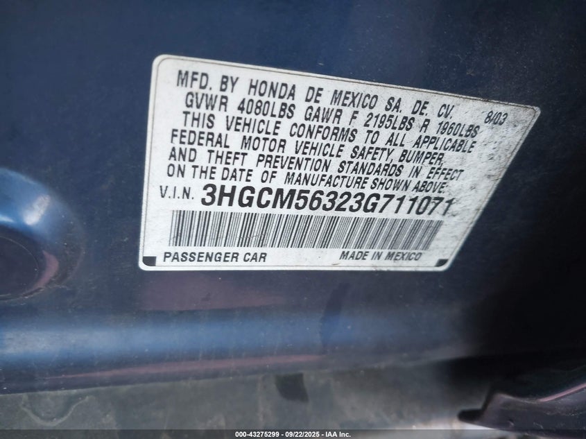 2003 Honda Accord 2.4 Lx VIN: 3HGCM56323G711071 Lot: 43275299