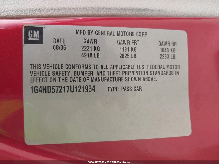 2007 Buick Lucerne Cxl VIN: 1G4HD57217U121954 Lot: 43275300