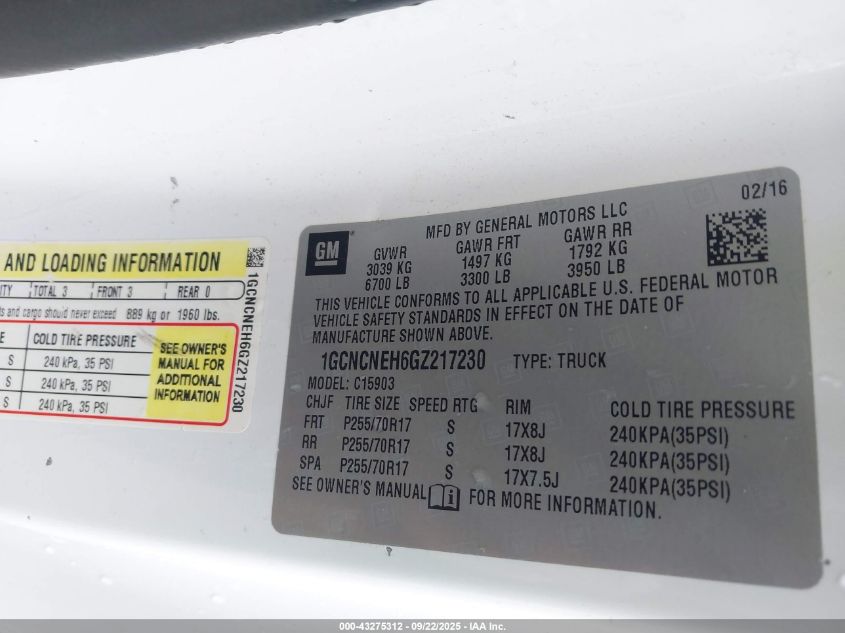 2016 Chevrolet Silverado 1500 Wt VIN: 1GCNCNEH6GZ217230 Lot: 43275312