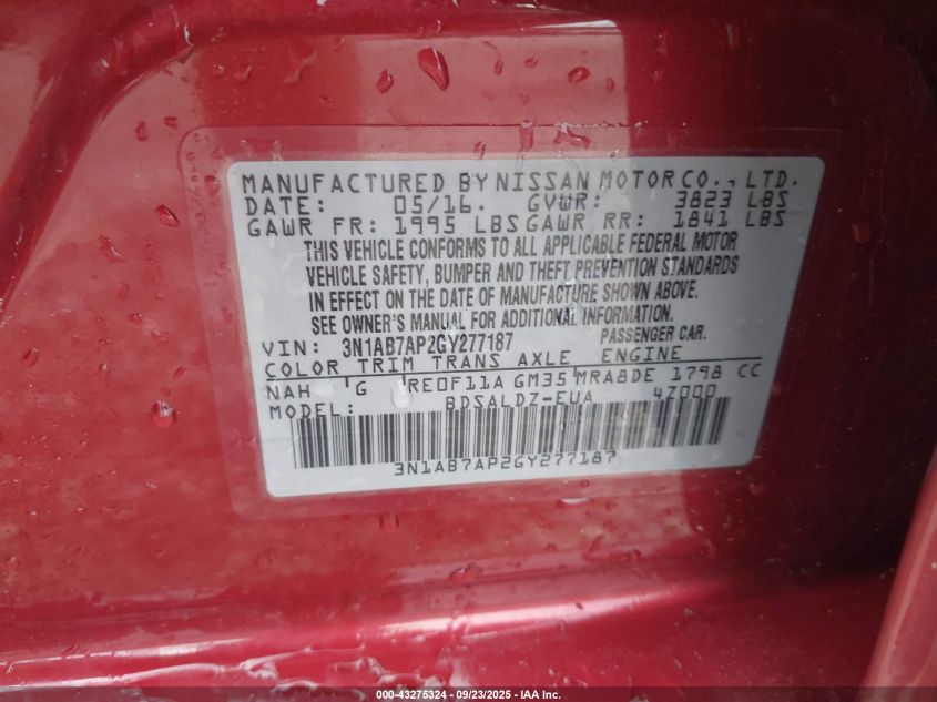 2016 Nissan Sentra Sv VIN: 3N1AB7AP2GY277187 Lot: 43275324