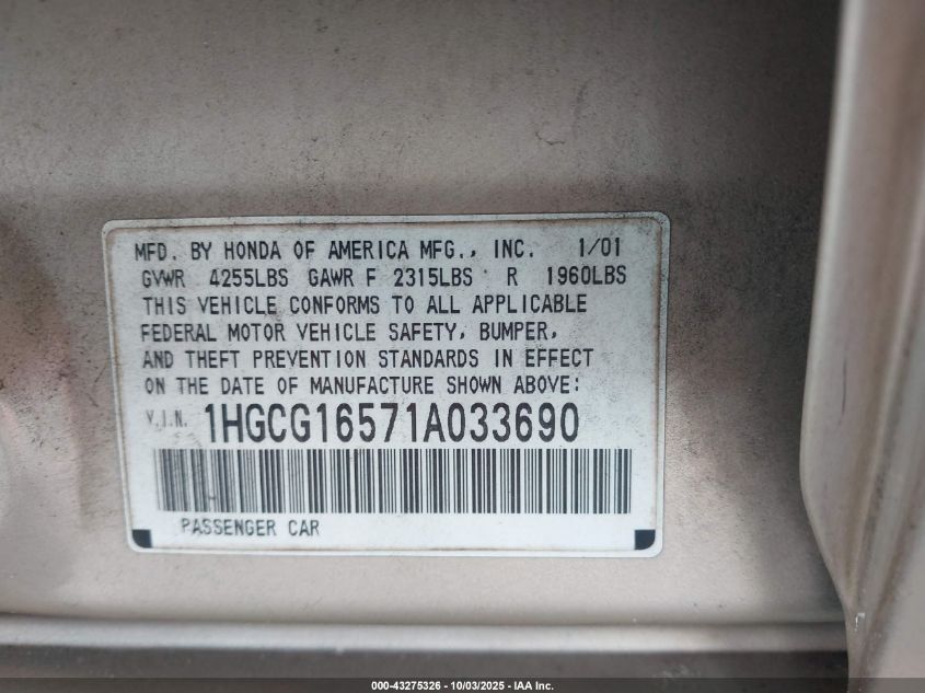 2001 Honda Accord 3.0 Ex VIN: 1HGCG16571A033690 Lot: 43275326