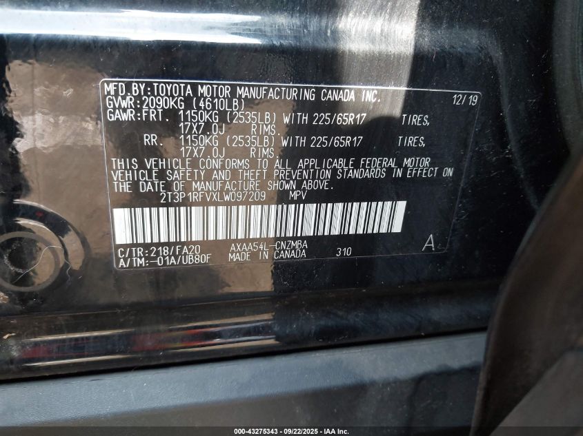 2020 Toyota Rav4 Xle VIN: 2T3P1RFVXLW097209 Lot: 43275343