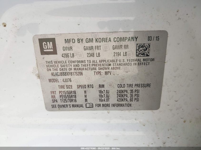 2015 Buick Encore Convenience VIN: KL4CJBSBXFB175206 Lot: 43275360