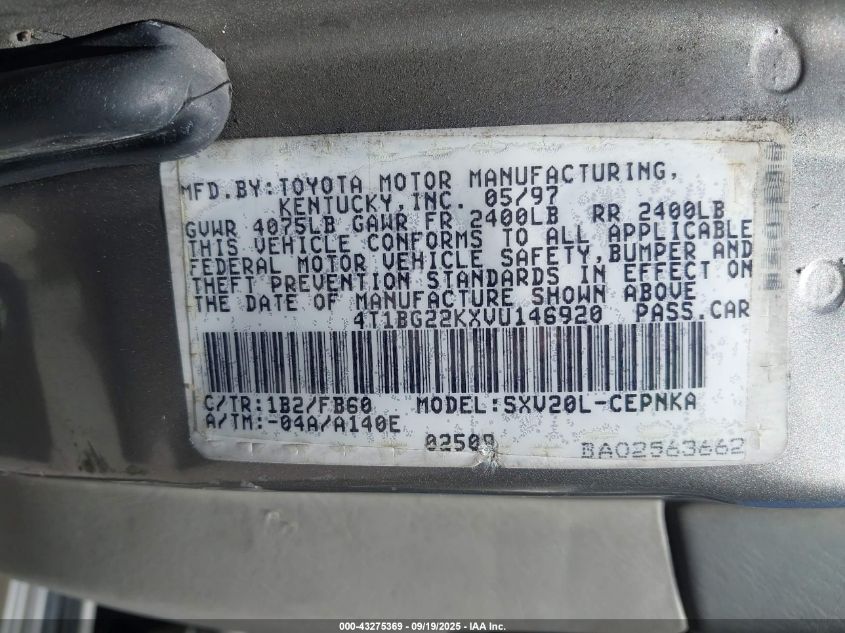 1997 Toyota Camry Ce/Le/Xle VIN: 4T1BG22KXVU146920 Lot: 43275369