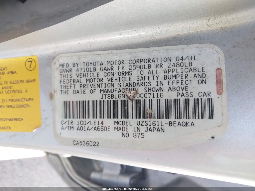 2001 Lexus Gs 430 VIN: JT8BL69S910007116 Lot: 43275373