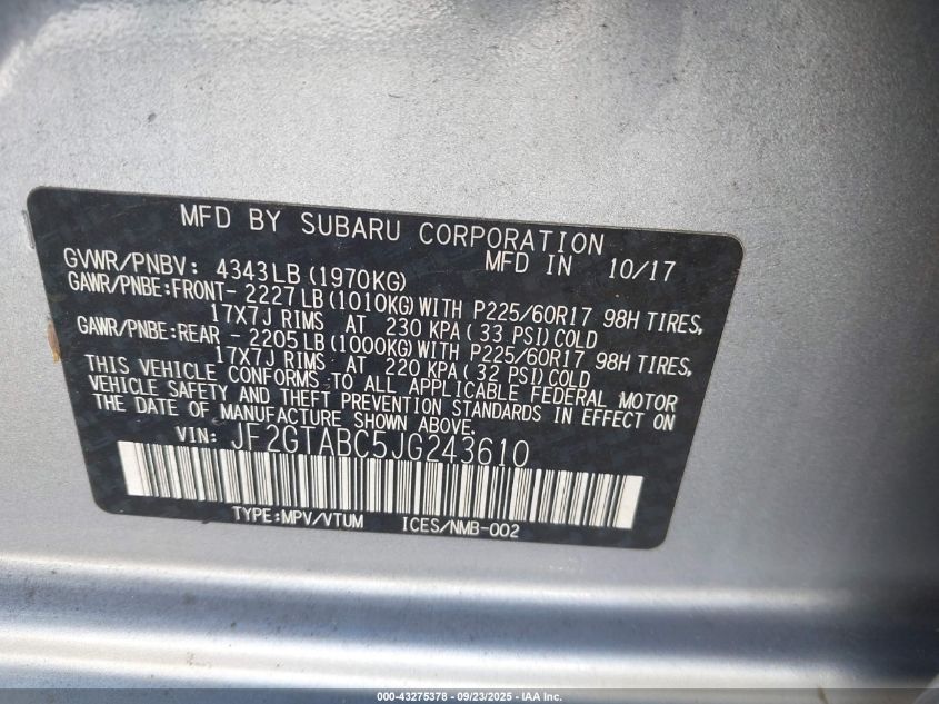 2018 Subaru Crosstrek 2.0I Premium VIN: JF2GTABC5JG243610 Lot: 43275378