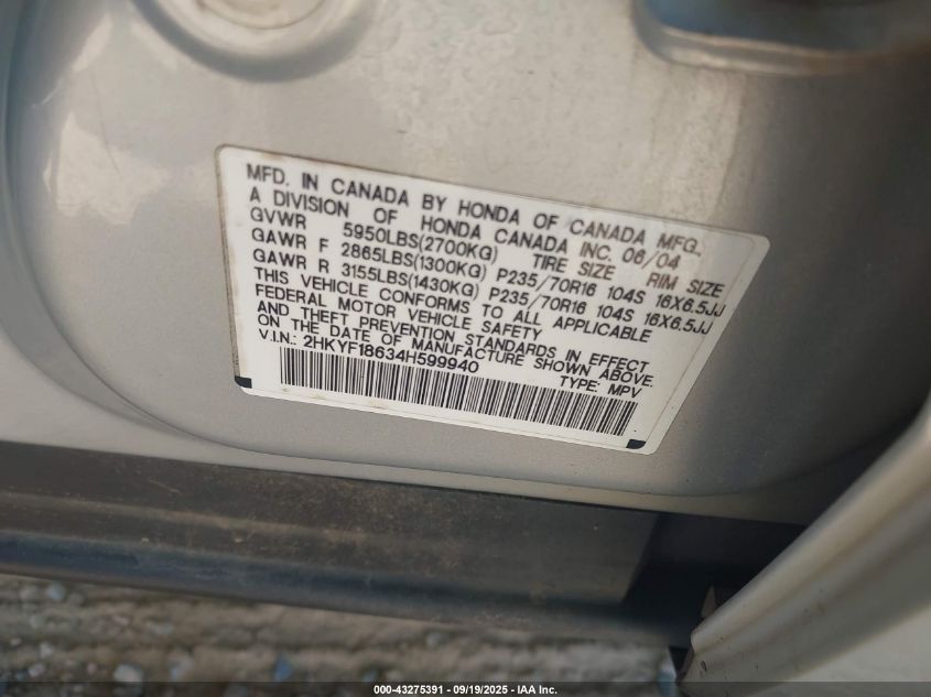 2004 Honda Pilot Ex-L VIN: 2HKYF18634H599940 Lot: 43275391