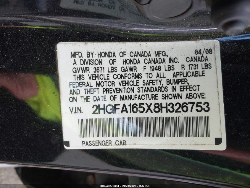 2008 Honda Civic Lx VIN: 2HGFA165X8H326753 Lot: 43275394
