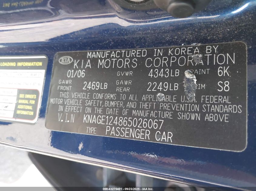2006 Kia Optima Ex V6 (New)/Lx V6 (New) VIN: KNAGE124865026067 Lot: 43275401