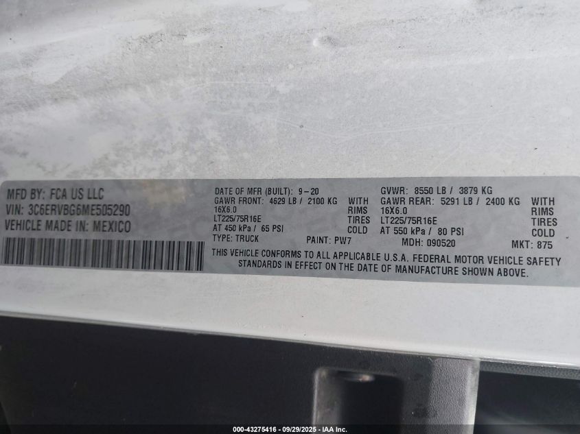 2021 Ram Promaster 1500 High Roof 136 Wb VIN: 3C6ERVBG6ME505290 Lot: 43275416