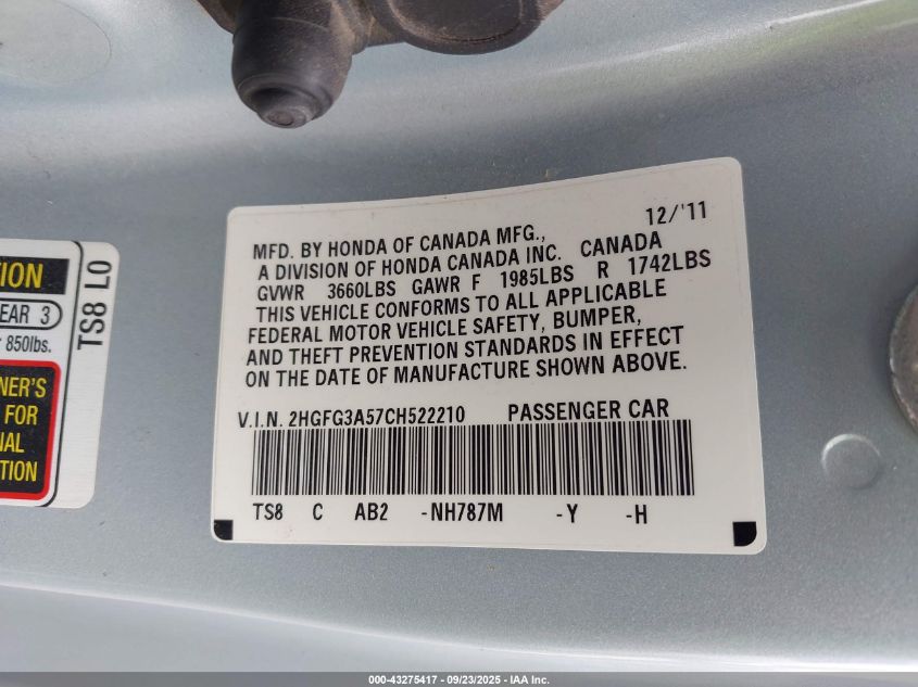 2012 Honda Civic Lx VIN: 2HGFG3A57CH522210 Lot: 43275417