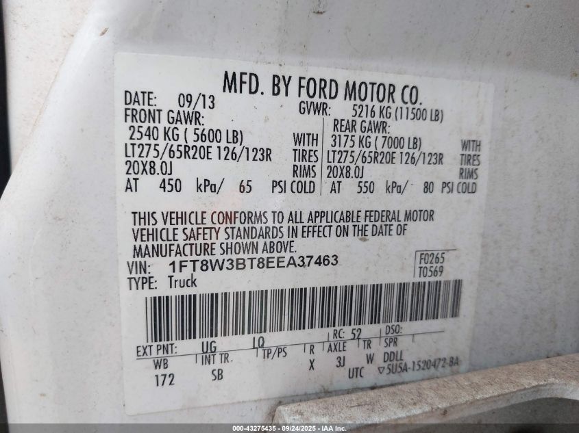2014 Ford F-350 Lariat VIN: 1FT8W3BT8EEA37463 Lot: 43275435
