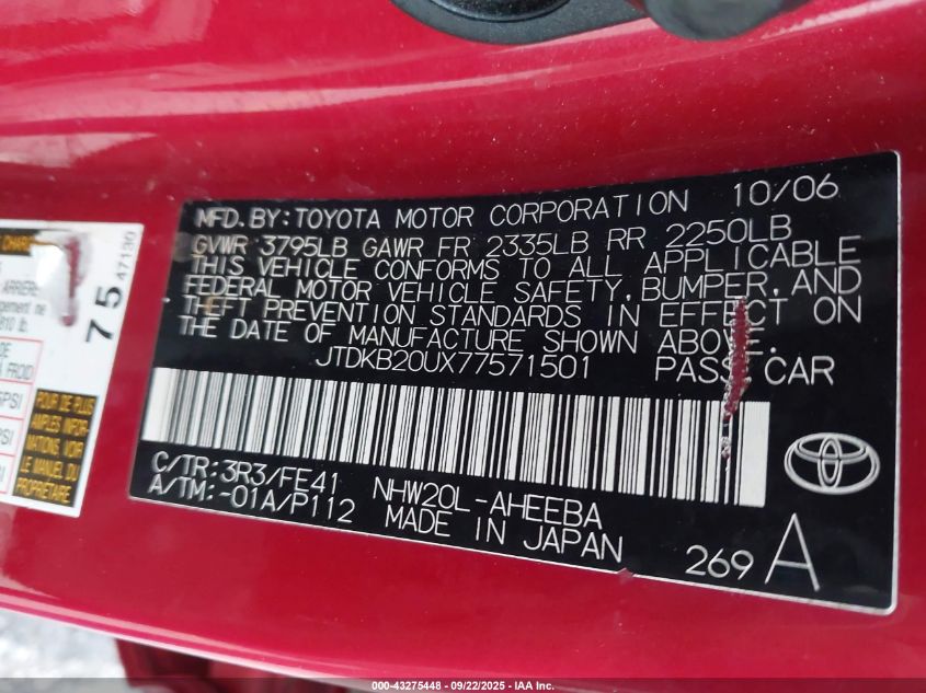 2007 Toyota Prius VIN: JTDKB20UX77571501 Lot: 43275448