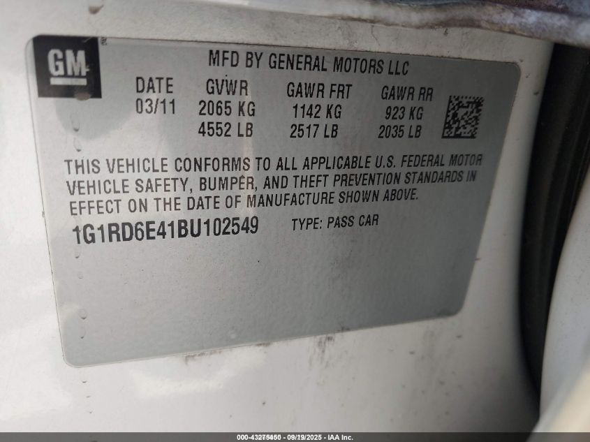 2011 Chevrolet Volt VIN: 1G1RD6E41BU102549 Lot: 43275450