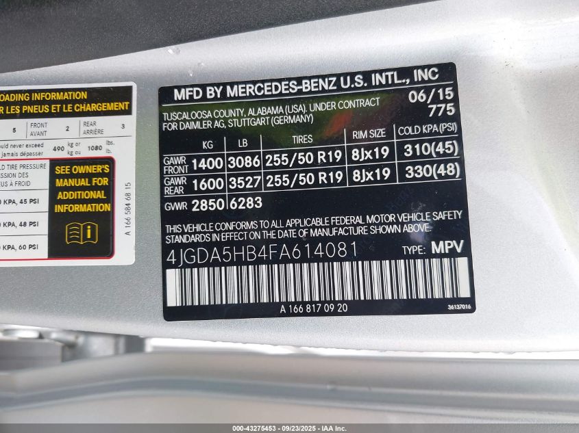 2015 Mercedes-Benz Ml 350 4Matic VIN: 4JGDA5HB4FA614081 Lot: 43275453