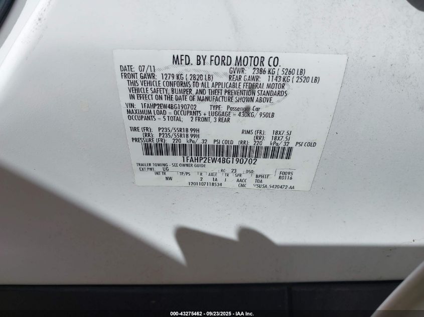 2011 Ford Taurus Sel VIN: 1FAHP2EW4BG190702 Lot: 43275462