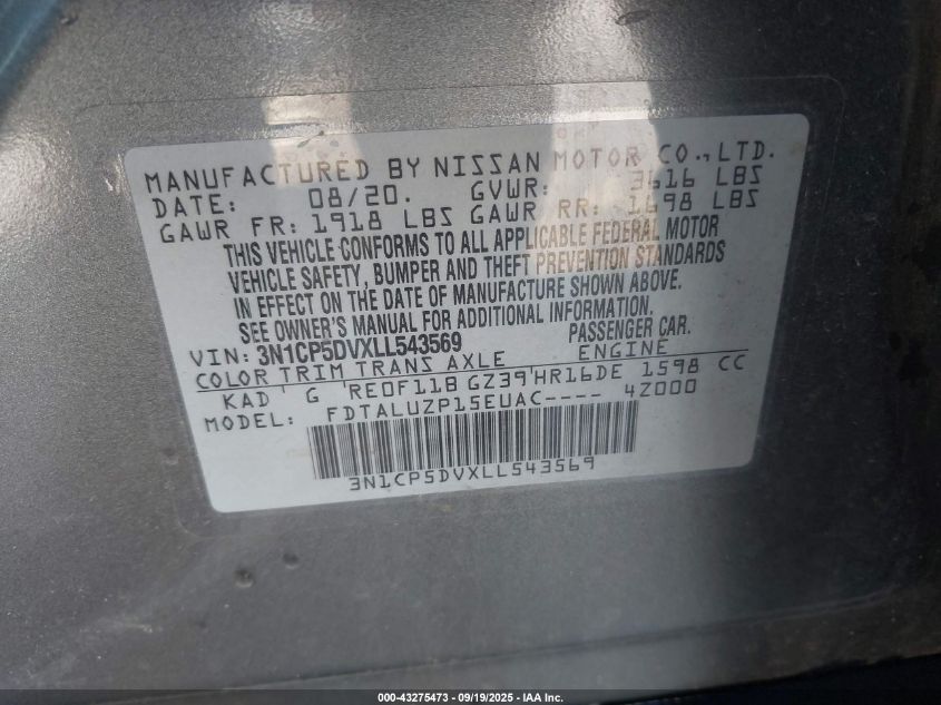 2020 Nissan Kicks Sr Xtronic Cvt VIN: 3N1CP5DVXLL543569 Lot: 43275473