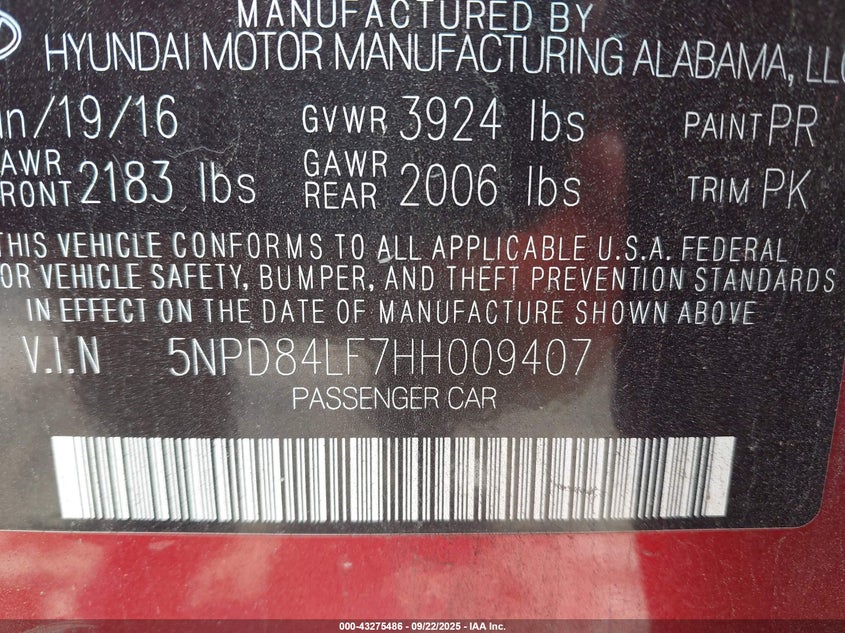 2017 HYUNDAI ELANTRA LIMITED - 5NPD84LF7HH009407