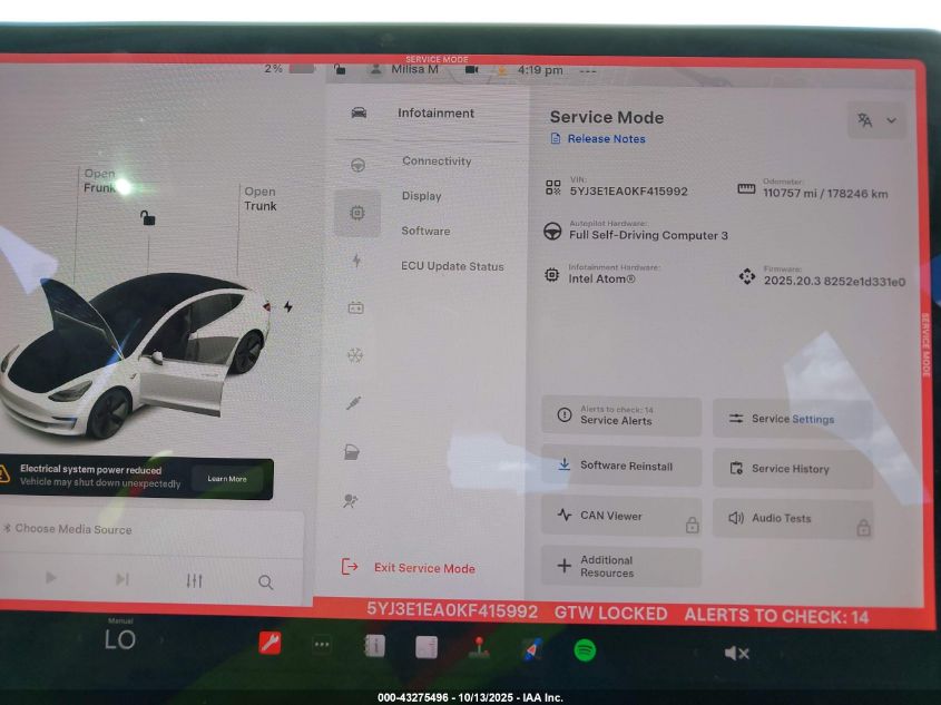 2019 Tesla Model 3 Long Range/Mid Range/Standard Range/Standard Range Plus VIN: 5YJ3E1EA0KF415992 Lot: 43275496