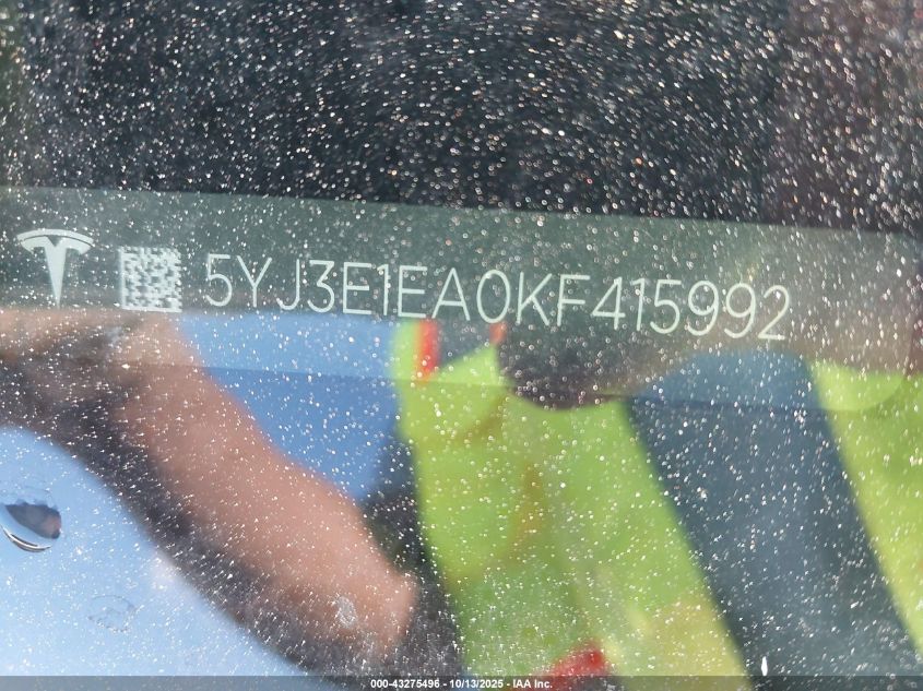 2019 Tesla Model 3 Long Range/Mid Range/Standard Range/Standard Range Plus VIN: 5YJ3E1EA0KF415992 Lot: 43275496