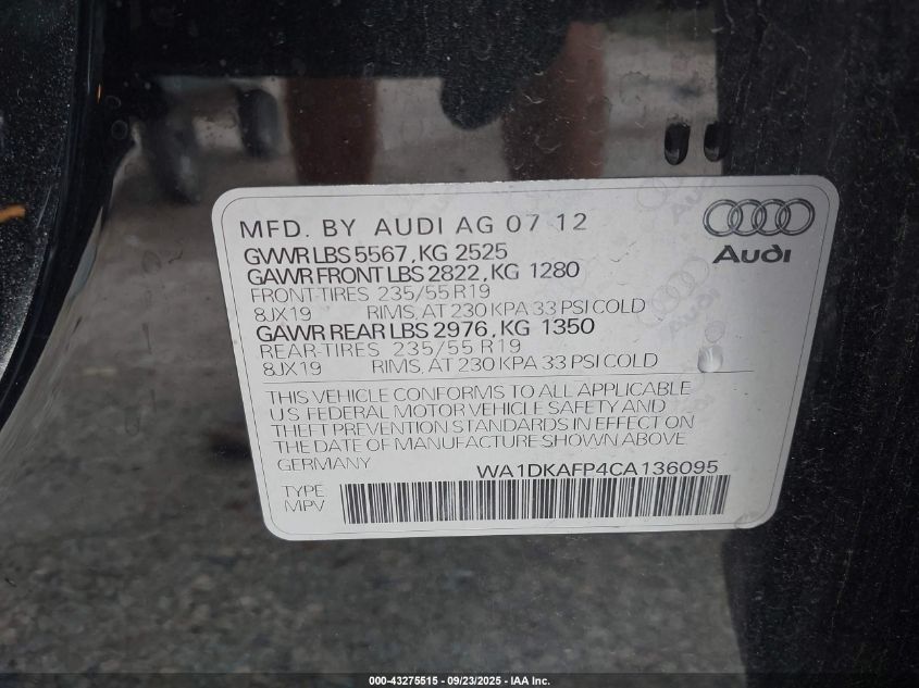 2012 Audi Q5 3.2 Premium Plus VIN: WA1DKAFP4CA136095 Lot: 43275515