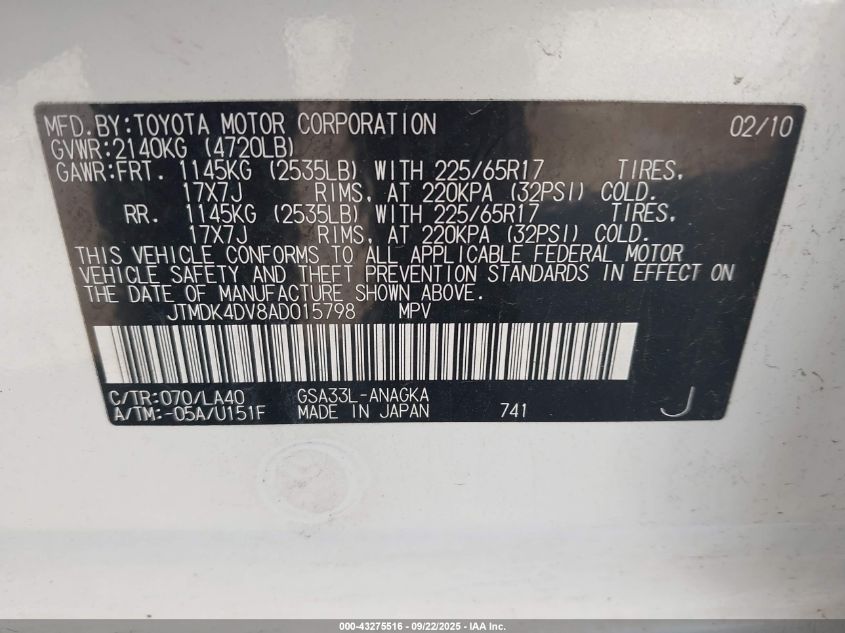 2010 Toyota Rav4 Limited V6 VIN: JTMDK4DV8AD015798 Lot: 43275516