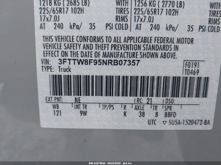 2022 Ford Maverick Xl VIN: 3FTTW8F95NRB07357 Lot: 43275540