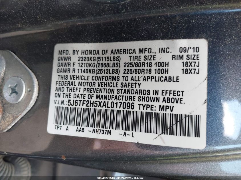 2010 Honda Accord Crosstour Ex-L VIN: 5J6TF2H5XAL017096 Lot: 43275546