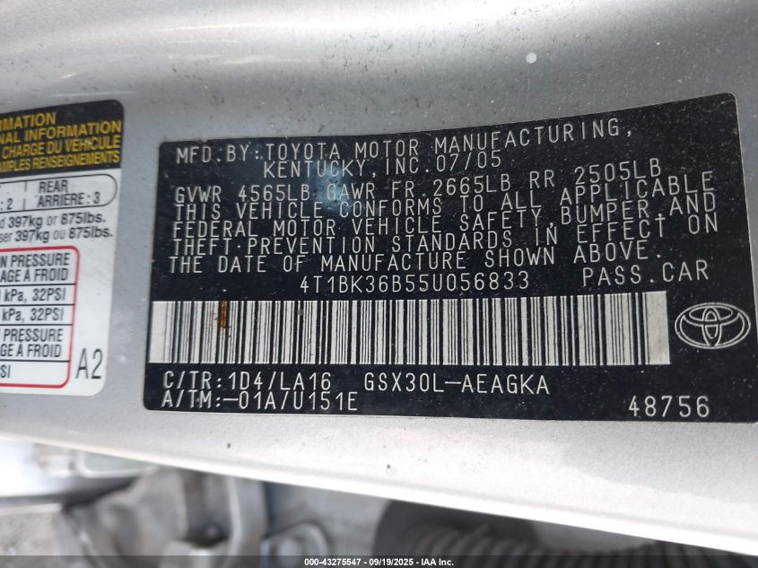 2005 Toyota Avalon Xls VIN: 4T1BK36B55U056833 Lot: 43275547