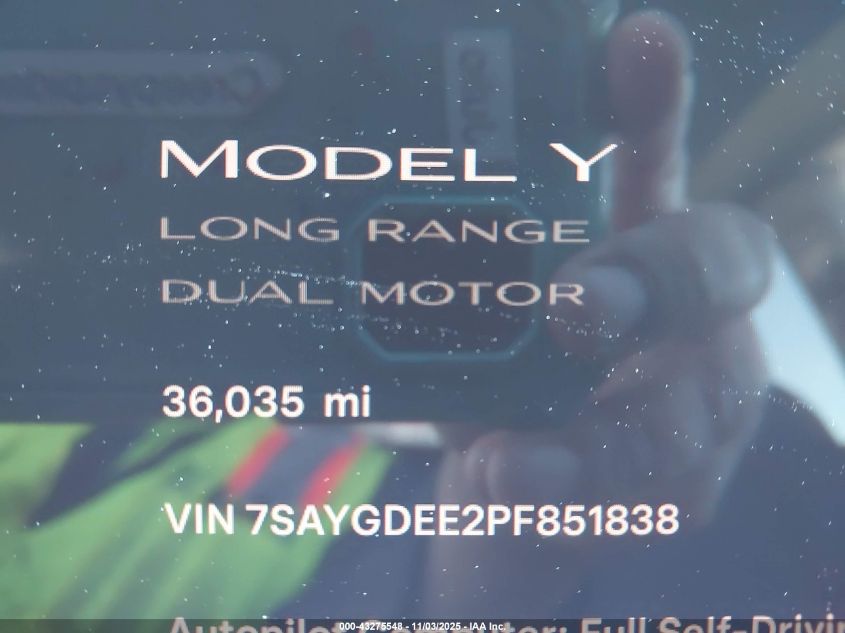2023 Tesla Model Y Awd/Long Range Dual Motor All-Wheel Drive VIN: 7SAYGDEE2PF851838 Lot: 43275548