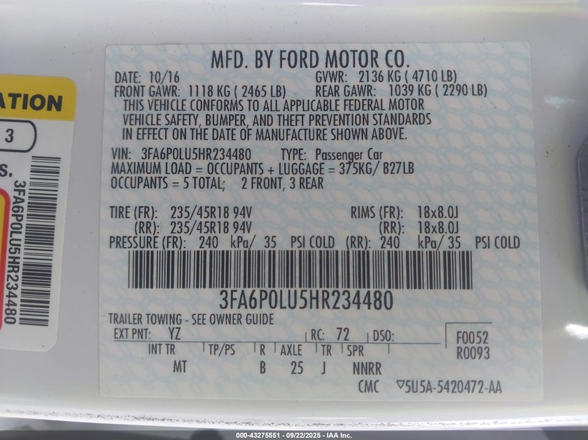 2017 Ford Fusion Hybrid Se VIN: 3FA6P0LU5HR234480 Lot: 43275551