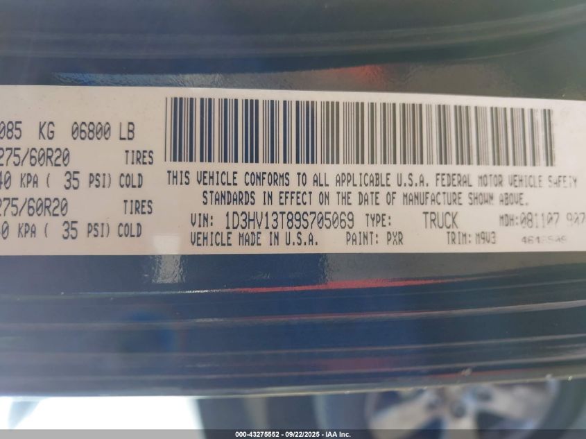 2009 Dodge Ram 1500 Slt/Sport/Trx VIN: 1D3HV13T89S705069 Lot: 43275552