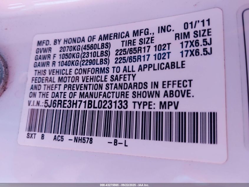 2011 Honda Cr-V Ex-L VIN: 5J6RE3H71BL023133 Lot: 43275565