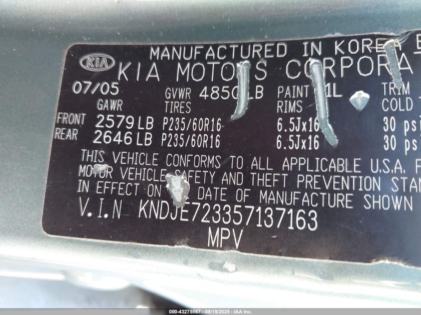 2005 Kia Sportage Ex V6/Lx V6 VIN: KNDJE723357137163 Lot: 43275567