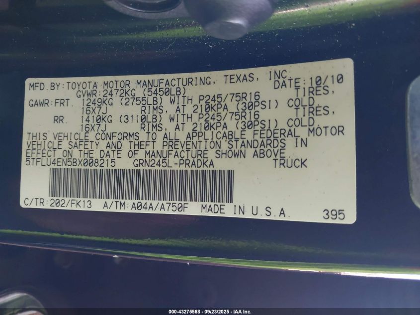 2011 Toyota Tacoma Double Cab VIN: 5TFLU4EN5BX008215 Lot: 43275568