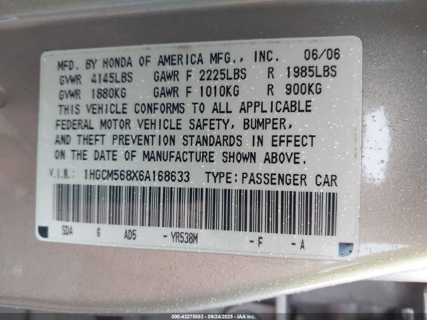 2006 Honda Accord 2.4 Ex VIN: 1HGCM568X6A168633 Lot: 43275583