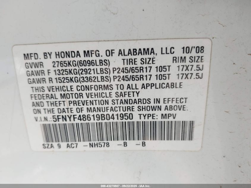 2009 Honda Pilot Ex-L VIN: 5FNYF48619B041950 Lot: 43275587