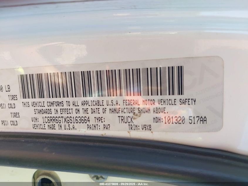 2016 Ram 1500 Slt VIN: 1C6RR6GTXGS163664 Lot: 43275606