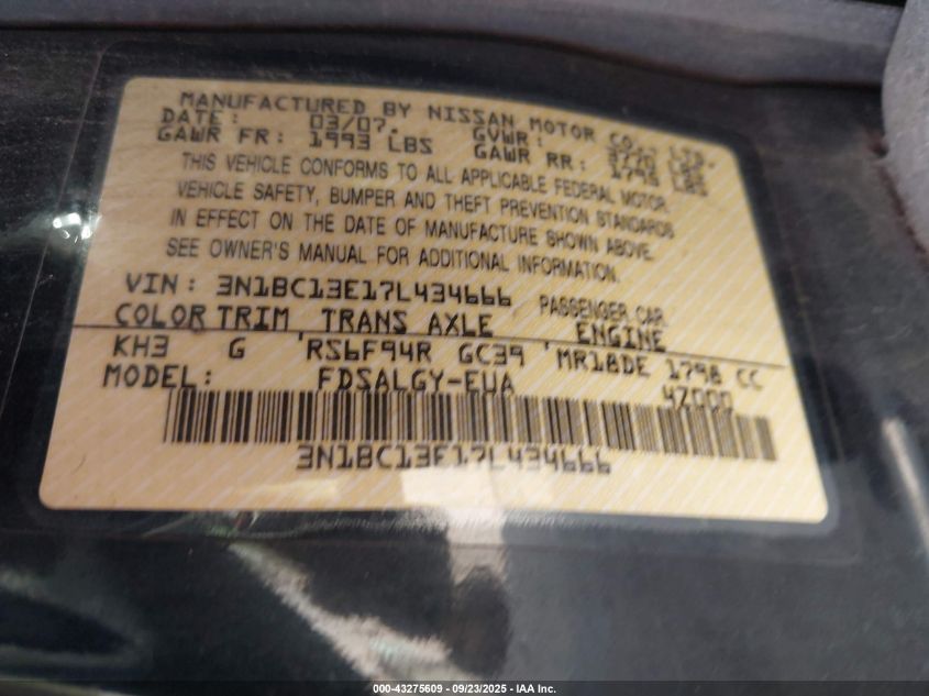 2007 Nissan Versa 1.8Sl VIN: 3N1BC13E17L434666 Lot: 43275609