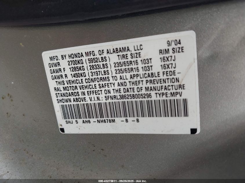 2005 Honda Odyssey Ex-L VIN: 5FNRL38625B005296 Lot: 43275611