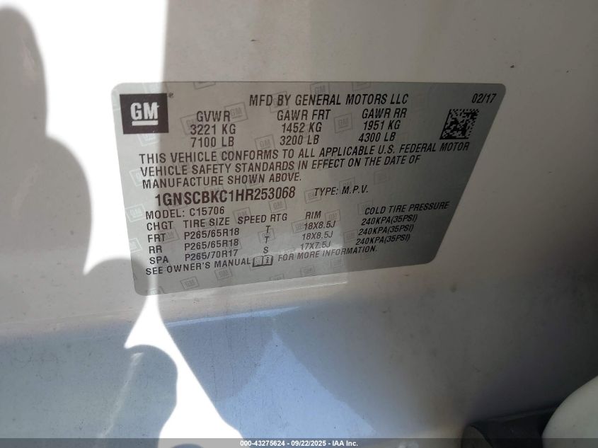 2017 Chevrolet Tahoe Lt VIN: 1GNSCBKC1HR253068 Lot: 43275624