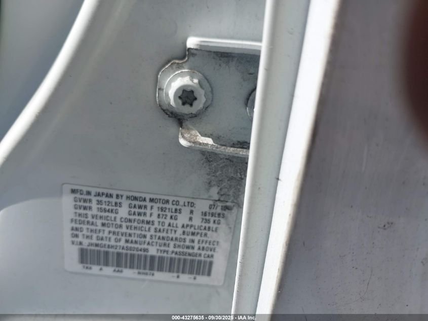 2010 Honda Fit VIN: JHMGE8H27AS020495 Lot: 43275635