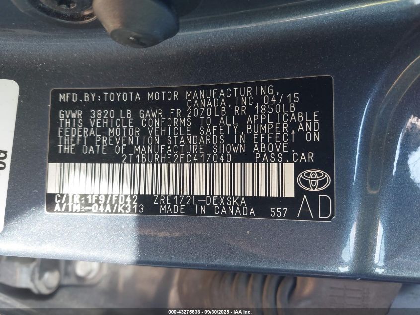 2015 Toyota Corolla S VIN: 2T1BURHE2FC417040 Lot: 43275638