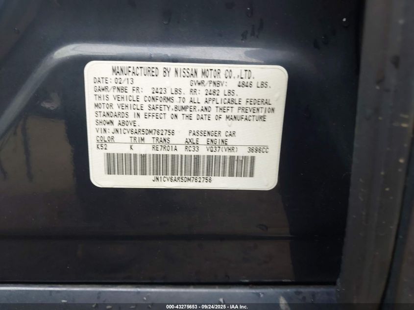 2013 Infiniti G37X VIN: JN1CV6AR5DM762756 Lot: 43275653